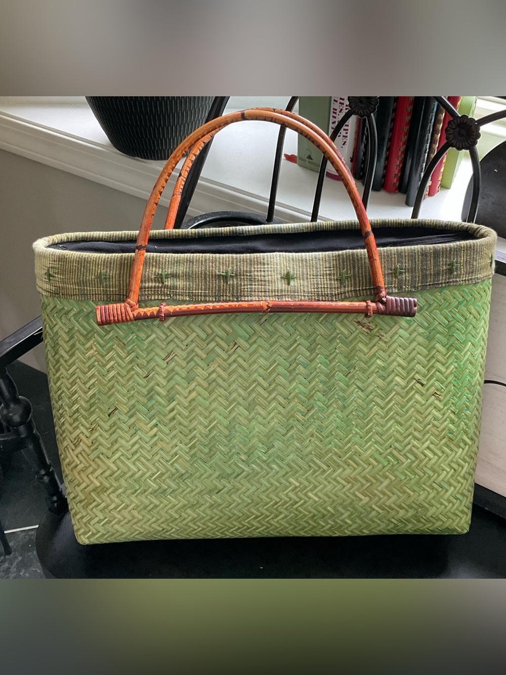 Vintage Green Woven Bamboo Basket Tote Bag Large Boho Unique
